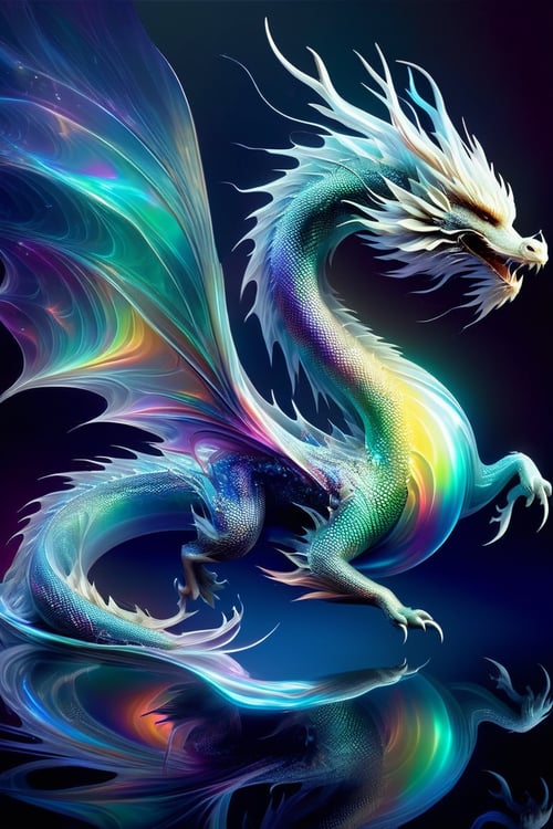 echmrdrgn eastern dragon, viewed from front, it's full body is upright in iridescent splendour, semi-transparent and glowing opalescence, razor sharp talons and teeth, long whiskers, over water background