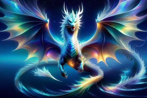 echmrdrgn western dragon, it's full body is iridescent splendour, semi-transparent and glowing opalescence, razor sharp talons and teeth, glorious wings, long whiskers, over water background, full body, at night, starry sky, moonlight reflections,