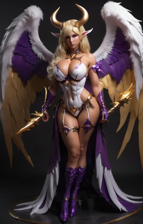 Female succubus
White horns 
blond hair 
Purple wings
golden eyes
hour glass figure
full body 
well tonned body 
sexy 
detailed body
big boobs
big ass
Muscular body
,Desiredemon,Sexy Pose,demonictech,wearing Angel_cosplay_outfit,Angel_wings,1 girl,photo r3al
