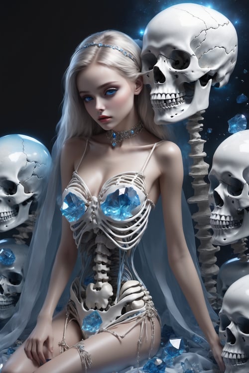 ,(white background:1.5),1 girl,mid shot,full body,(((transparent ghost girl's soul comes out of the body))),focus on the face,((rich in details, sitting gracefully on the crystal skull pile, looking down)),magazine cover,(rich in details),masterpiece,Gothic,(crystal skull decoration, crystal skull pattern),(horrible atmosphere),long eyelashes,large eyes,fine eyes,cyan transparent lips,((beautiful and delicate face)),shadow,Tindal effect,(Balance and coordination between all things),((sickly, cruel, evil, lovely)),(glowing blue eyes, particle effects),(delicate crystal skeleton human body, hand bone of crystal skeleton, leg bone of crystal skeleton),bony beauty,ribbon binding,(delicate crystal bone),absurdity,blue flame,plasma,particle effects,crystal clear texture,star_\(sky\),space, d,High detailed ,xjrex,3DMM,DonMD3m0nXL ,Gric