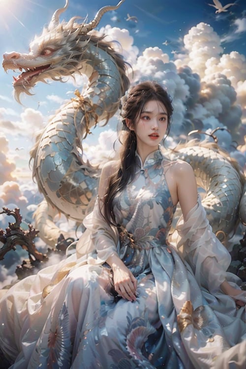 <lora:dragon_v2.0:1>,1girl,dragon,eastern dragon,cloud,sky,dress,white dress,horns,day,outdoors,long hair,blue sky,bird,architecture,fangs,east asian architecture,open mouth,cloudy sky,yellow eyes,black hair,scales,sundress,teeth,standing,sleeveless,brown hair,animal,floating hair,