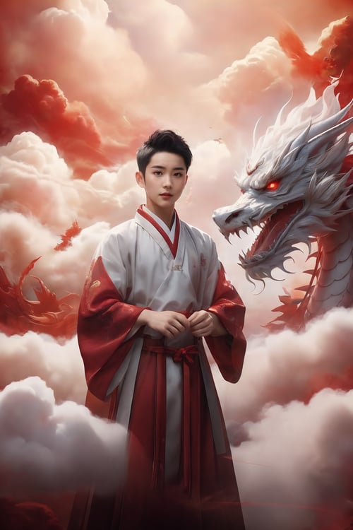(masterpiece, top quality, best quality, official art, beautiful and aesthetic:1.2),1boy,wear red hanfu,red dragon,cloud,long,wear short dress,delicate face,short hair