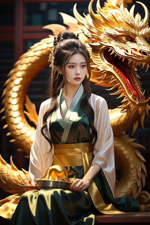 A 20-year-old Chinese beauty wearing a gorgeous Hanfu, red tin foil, and gold stands in front of a golden dragon. The dragon hovers in the sky, creating a grand scene. Minimalist long shot movie lighting, surprising details