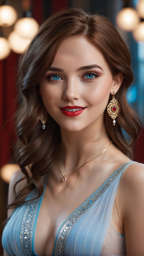 real, atmospheric scene, masterpiece, best quality, (detail skin texture, ultra-detailed body),(cinematic light), 1girl, solo, realistic, jewelry, earrings, looking at viewer, brown hair, blurry, blue eyes, smile, parted lips, red lips, makeup, medium hair