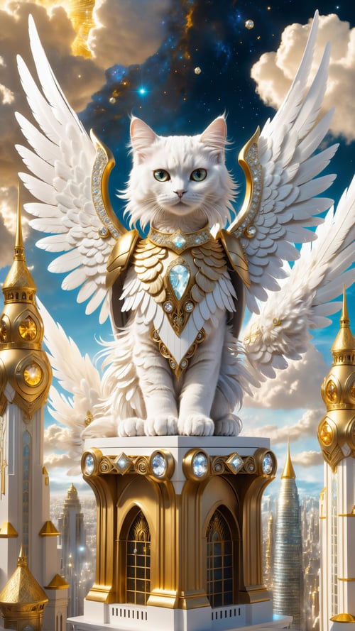 8k, Fluffy White Angel cat perched upon golden bejeweled tower in a heavenly utopian city, huge feathery angel wings, glowing nebula eyes, white flowing clouds, ivory armor with diamond gem inlay, trending on artstation, sharp focus, studio photo, intricate details, highly detailed, by tim burton