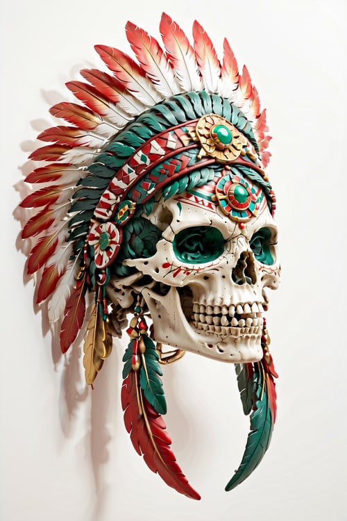 Aztecta warrior skull seen from the right profile, with a plume in metallic colors (red, white, green, gold), with a white background

