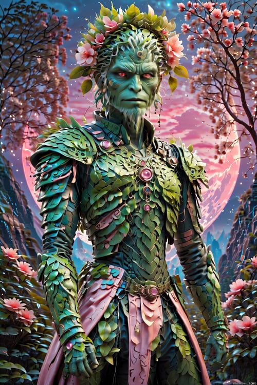 STYLE FASHION(The king),(Cyberpunk Treeman),metal leaves,wired branches,glowing light eyes,mechanical bark,with moss-covered bark,tribe outfit,(ancient tribal markings),control tendrils extending from the arms,Neon lights dancing on the body,(Lightning around branches and leaves),(peach blossom),Soft and delicate petals,vivd colour,(A harmonious blend of green and pink),(Ominous dark clouds in the sky),Night atmosphere,A futuristic,Vivid colors and high-contrast lighting,Dramatic shadows and highlights.(best quality, 4k, 8k, masterpiece: 1.2), ultra fine, (realistic, photo realistic, photo realistic: 1.37)