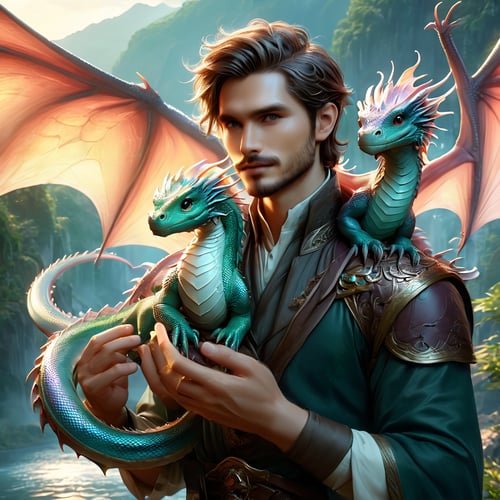 fantasy, rogueish man holding a ((tiny realistic dragon)), tiny dragon, iridescent scales, wings out, wing veining, perched, cute, full body dragon, looking at viewer, facial hair, digital illustration, realistic anime style, best quality,  masterpiece, perfect eyes, perfect face, detailed background setting ,PetDragon2024xl