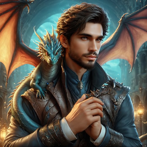 handsome rogueish man holding a ((tiny realistic dragon)) in his hand,  tiny dragon,  detailed scales,  wings out,  wing veining,  perched,  cute,  full body dragon,  looking at viewer,  facial hair,  digital illustration,  realistic anime style,  best quality,  masterpiece,  perfect eyes,  perfect face,  detailed background setting , PetDragon2024xl,<lora:EMS-278005-EMS:0.800000>