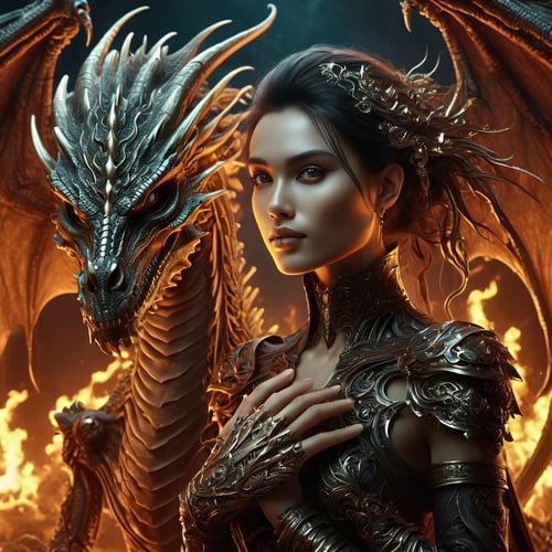 dark fantasy woman and a skeleton dragon,  digital illustration,  UHD,  a complex and intricate masterpiece clean and sharp, PetDragon2024xl,<lora:EMS-278005-EMS:0.800000>