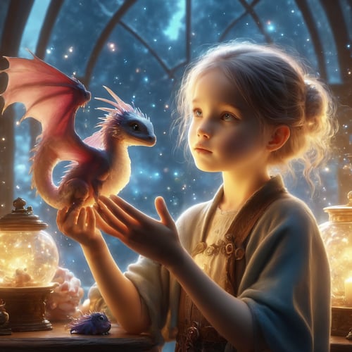 "Tiny dragon" familiar,  full body,  1girl,  holding a very tiny pet dragon on hand,  small light particles,  window,  magical objects on a table,  beautiful,  ((best quality)),  ((masterpiece)),  PetDragon2024xl,<lora:EMS-278005-EMS:0.900000>