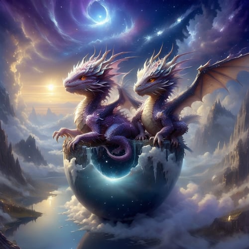 Cute just hatched baby dragon twins made of stardust,  still sitting in half an eggshell in a dragon nest,  young dragons made of dissolving stardust,  starry dragons,  cracked dragon egg shell,  epic sky,  stars,  high abive the clouds,  mountains,  reflective eyes,  night,  reflective,  gorgeous eyes,  hyper detailed eyes,  3d,  deviantart,  a masterpiece,  deep depth of field,  Craig Mullins,  perfect composition,  intricate motifs,  Edwin Landseer,  mark ryden,  ross tran,  DragonConfetti2024_XL, real_booster, art_booster,<lora:EMS-274942-EMS:0.900000>,<lora:EMS-276932-EMS:0.600000>,<lora:EMS-275177-EMS:0.400000>