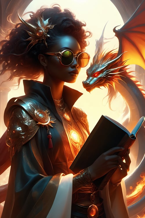 by Sabbas Apterus And Yoshitaka Amano,  aetherpunk Funky Sun and Fire Stylized Eyewear,  fancy,  priestess of sun,  dragon familiar,  ultra hd digital art,  particles,  blink and you miss it details,  bathed in sunlight,  full body view,  holding a book that radiates with light,  magical realism,  awe,  afrofuturism,  , Decora_SWstyle, PetDragon2024xl,<lora:EMS-261918-EMS:0.300000>,<lora:EMS-278005-EMS:0.700000>