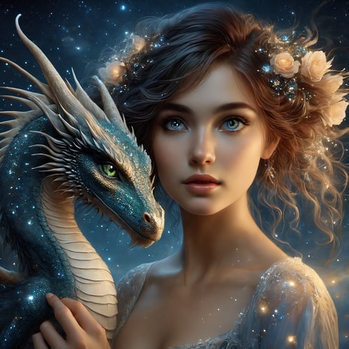 {{best quality}}, {{masterpiece}}, {{ultra-detailed}}, {illustration}, {detailed light}, {an extremely delicate and beautiful}, a girl holding a cute dragon, {beautiful detailed eyes}, stars in the eyes, messy floating hair, colored inner hair, Starry sky adorns hair, depth of field,detailed eyes, PetDragon2024xl,