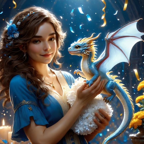 Woman with long wavy brown hair lovingly holding a white and blue scale baby dragon,  pet adoption,  confetti,  mexican marigolds,  happy adoption anniversary,  concept art,  dynamic scene,  charlie bowater,  marc simonetti and yoji shinkawa and wlop,  light motes,  atmospheric,  perfect composition,  dragon focus,  focus on loving emotions,  gratitude and close connection,  supportive,  falling confetti, PetDragon2024xl,<lora:EMS-278005-EMS:0.700000>