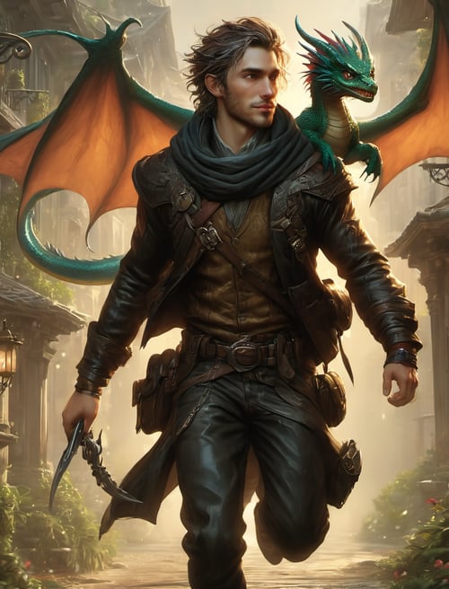 {{best quality}},  {{masterpiece}},  {{ultra-detailed}},  {illustration},  "thieves running away from a heist"!,  and a handsome rogue thief has a small dragon flying behind him,  smirk,  action scene,  artgerm,  greg rutowski and wlop,  intricate details,  3D rendering,  octane rendering. Dan mumford and mark brooks and russ mills,  cgsociety,  character promo,  bright happy fun mood,  laughter,  lushill digital painting,  32k,  , PetDragon2024xl,<lora:EMS-278003-EMS:0.800000>