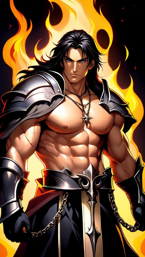 realistic, masterpiece, best quality, cinematic lighting, natural shadow, highest detail, professional photography, detailed background, depth of field, insane details, intricate, aesthetic, detailed face, subsurface scattering, realistic hair, realistic eyes, muscular, masculine, large pectorals, pectorals, abs, photo of a handsome man, dark priest, tabard, armor, cape, gloves, torn clothes, jewelry, necklace, chain, spikes, blood, holding staff, magic, fire, black hair, dynamic movement, dynamic pose