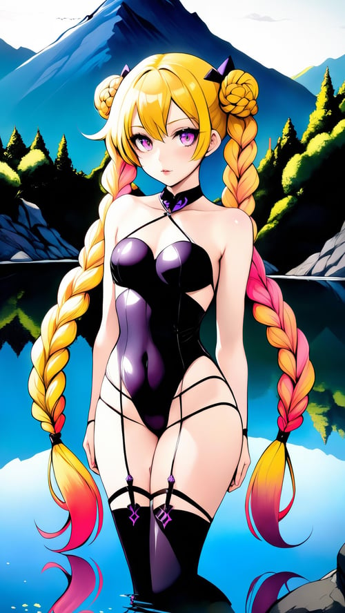 pastel goth, anime style, medium breasts, hourglass figure, narrow waist,  1girl, (multicolored ra:1.3), (by a  mountain lake:1.3), full body, deep gold hair, twintails, Goddess Braids, dark lipstick, , vivid multicolor eyes, pose, [:sexy costume design:0.2], zettai ryouikia, medium breasts, wide hips, narrow waist, slim hourglass figure, skin dentation, (topless:1.2), albino, pastel colored clothes