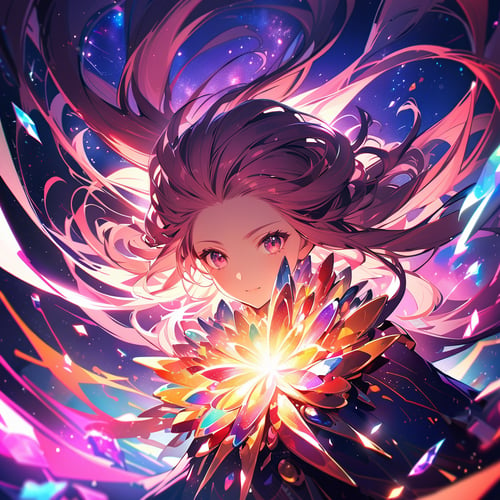 a girl, extremely detailed illustration of a cosmic deity, detailed cosmos background, backlit, highly illuminated, colorful crystal, floating hair, close up
