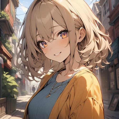 masterpiece, best quality, incredibly absurdress, highres, high detail eyes, high detail background, 1girl, casual outfit, outdoors, looking at viewer, medium hair, smile, close view, 