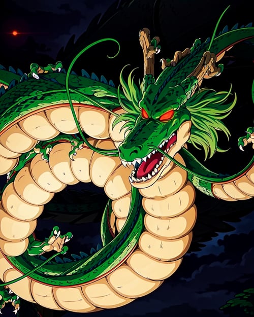 shenlong, dragon, open mouth, teeth, no humans, fangs, sharp teeth, claws, dragon, 
eastern dragon, wyrm red eyes, night, long dragon, clouds, close up, glowing eyes, scales, snake, reptile, 1 head:1.4

