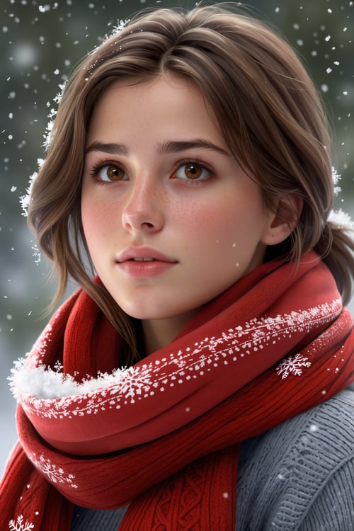 a young woman, cute, 21 years old, staring into space, brown hair, brown eyes, red scarf, snowing, realistic, realistic skin texture