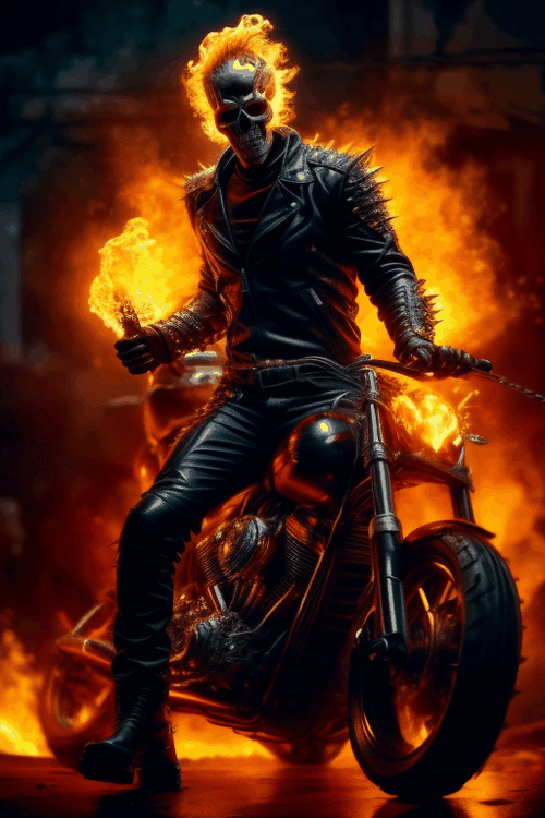 solo, open mouth, blonde hair, gloves, 1boy, male focus, boots, black gloves, armor, chain, fire, ground vehicle, motor vehicle, spikes, skull, motion blur, leather, spiked bracelet, motorcycle, leather jacket, shoulder spikes, biker clothes