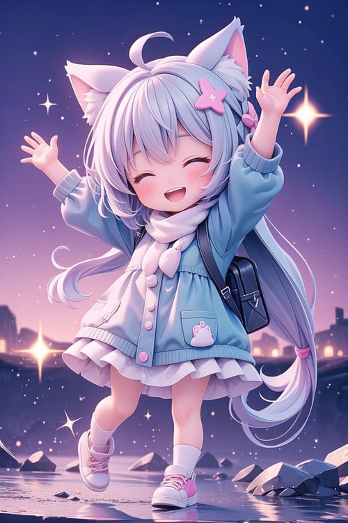 (masterpiece), scenery, 1girl, chibi, one eye closed, open mouth, smile, arm up, looking at viewer, sparkle