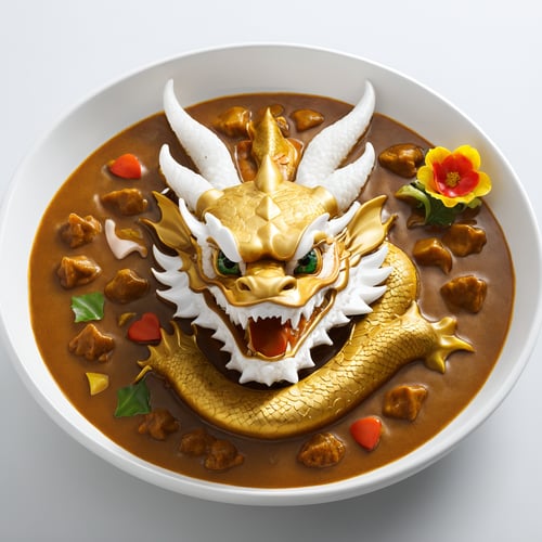 (From Above:2.0), Japanese Curry Rice, Cute, Dragon cartoon head, 
(Masterpiece, Best Quality, 8k:1.2), (Ultra-Detailed, Highres, Extremely Detailed, Absurdres, Incredibly Absurdres, Huge Filesize:1.1), (Photorealistic:1.3), By Futurevolab, Portrait, Ultra-Realistic Illustration, Digital Painting. 