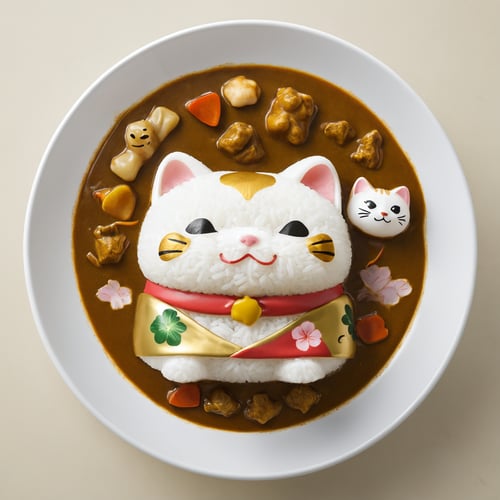 (From Above:2.0), Japanese Curry Rice, maneki-neko cartoon head, 
(Masterpiece, Best Quality, 8k:1.2), (Ultra-Detailed, Highres, Extremely Detailed, Absurdres, Incredibly Absurdres, Huge Filesize:1.1), (Photorealistic:1.3), By Futurevolab, Portrait, Ultra-Realistic Illustration, Digital Painting. 