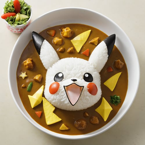 (From Above:2.0), Japanese Curry Rice, Pikachu cartoon head, 
(Masterpiece, Best Quality, 8k:1.2), (Ultra-Detailed, Highres, Extremely Detailed, Absurdres, Incredibly Absurdres, Huge Filesize:1.1), (Photorealistic:1.3), By Futurevolab, Portrait, Ultra-Realistic Illustration, Digital Painting. 