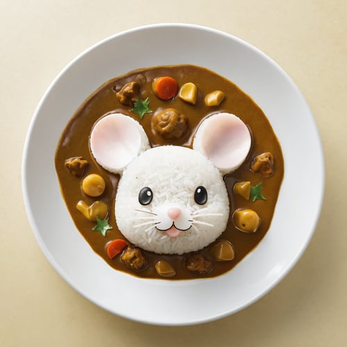 (From Above:2.0), Japanese Curry Rice, Cute, mouse cartoon head, 
(Masterpiece, Best Quality, 8k:1.2), (Ultra-Detailed, Highres, Extremely Detailed, Absurdres, Incredibly Absurdres, Huge Filesize:1.1), (Photorealistic:1.3), By Futurevolab, Portrait, Ultra-Realistic Illustration, Digital Painting. 