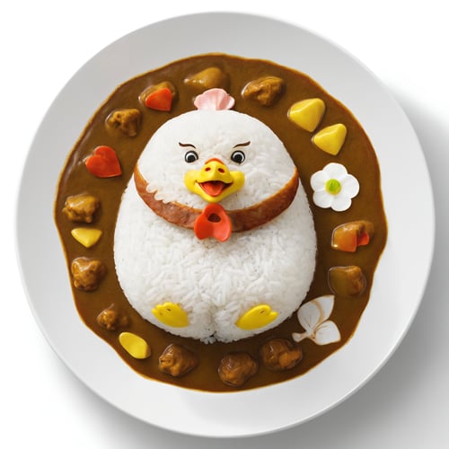 (From Above:2.0), Japanese Curry Rice, Cute, roosters cartoon head, 
(Masterpiece, Best Quality, 8k:1.2), (Ultra-Detailed, Highres, Extremely Detailed, Absurdres, Incredibly Absurdres, Huge Filesize:1.1), (Photorealistic:1.3), By Futurevolab, Portrait, Ultra-Realistic Illustration, Digital Painting. 