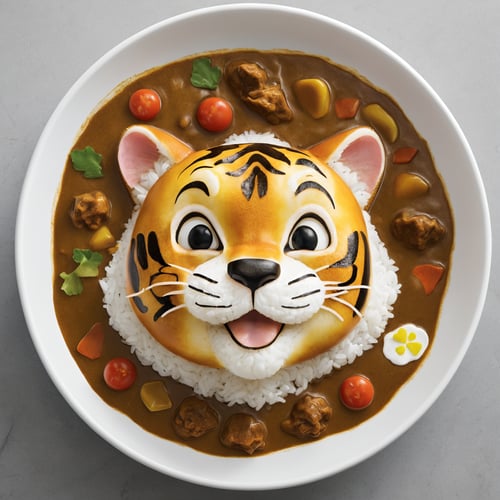(From Above:2.0), Japanese Curry Rice, Cute, tiger cartoon head, 
(Masterpiece, Best Quality, 8k:1.2), (Ultra-Detailed, Highres, Extremely Detailed, Absurdres, Incredibly Absurdres, Huge Filesize:1.1), (Photorealistic:1.3), By Futurevolab, Portrait, Ultra-Realistic Illustration, Digital Painting. 