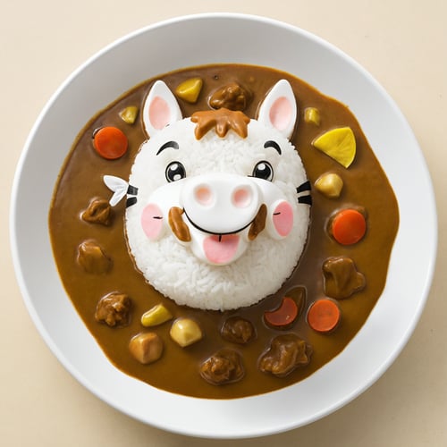 (From Above:2.0), Japanese Curry Rice, Cute, horse cartoon head, 
(Masterpiece, Best Quality, 8k:1.2), (Ultra-Detailed, Highres, Extremely Detailed, Absurdres, Incredibly Absurdres, Huge Filesize:1.1), (Photorealistic:1.3), By Futurevolab, Portrait, Ultra-Realistic Illustration, Digital Painting. 