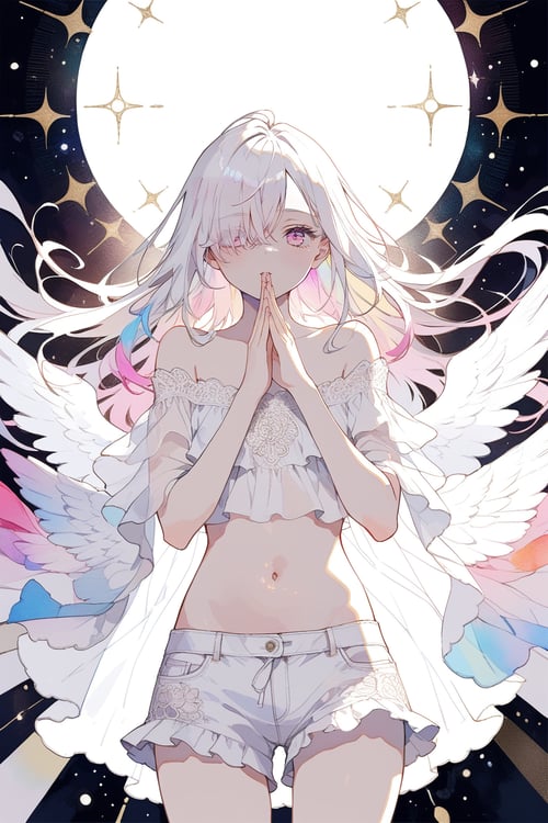 Angel girl with long straight white hair,  dark pink eyes,  hair covering her eye. White off-the-shoulder blouse,  showing the navel,  white shorts praying detailed image with vivid colors. masterpiece,  best quality,  aesthetic