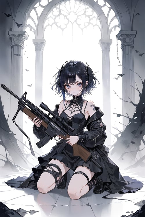 1girl,  gothicpunk,  holding sniper rifle,  kneeling,  masterpiece,  best quality,  aesthetic