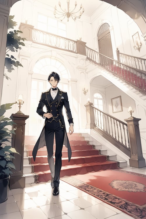 handsome,  ikemen,  butler,  Entrance to an aristocratic home,  masterpiece,  best quality,  aesthetic