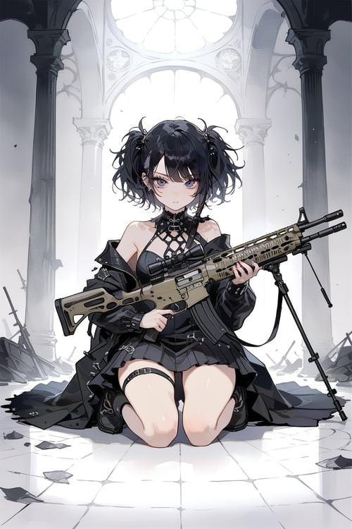 1girl,  gothicpunk,  holding sniper rifle,  kneeling,  masterpiece,  best quality,  aesthetic