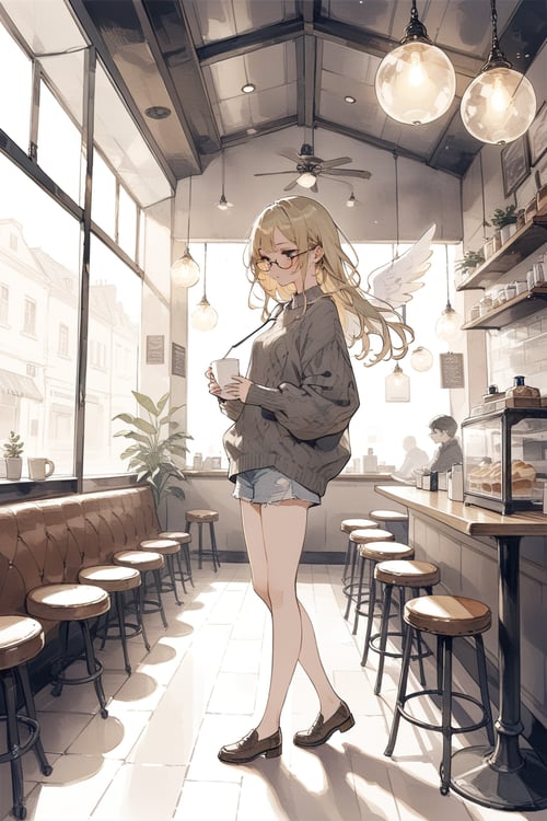 girl in cafe,  solo,  angel girl,  glasses,  sweater,  full_body),  casual,  masterpiece,  best quality,  aesthetic
