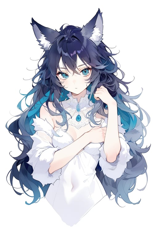 From front body,  fantasy,  (furry,  anthro,  Fluffy body:1.3),  (Fluffy),  (fluffy best hands:0.7),  furry wolf female,  wolf ears,  serious,  deep purple hair,  blue inner color,  long side hair,  aqua eyes,  messy hair,  (midnight),  white background,  masterpiece,  best quality,  aesthetic