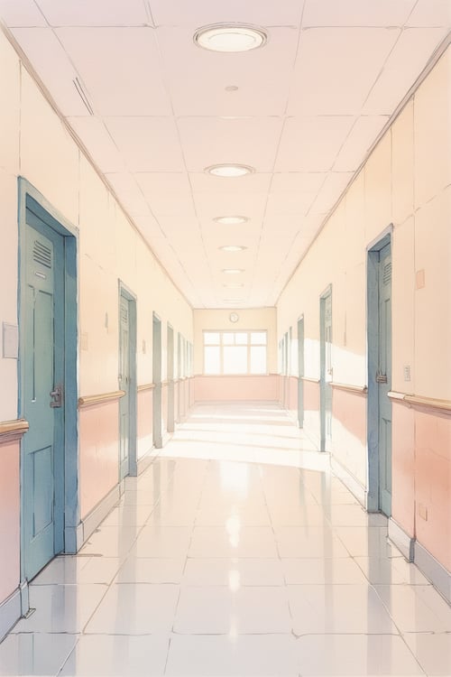 empty school hallway,  masterpiece,  best quality,  aesthetic