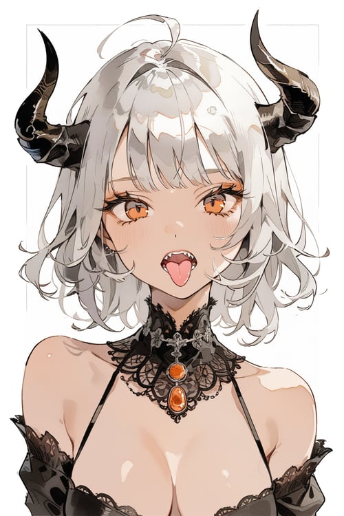 1girl,  dark skin,  silver hair,  orange eyes,  sharp teeth,  tongue out,  upper body,  horns,  jewelry,  cleavage,  looking at viewer,  masterpiece,  best quality,  aesthetic