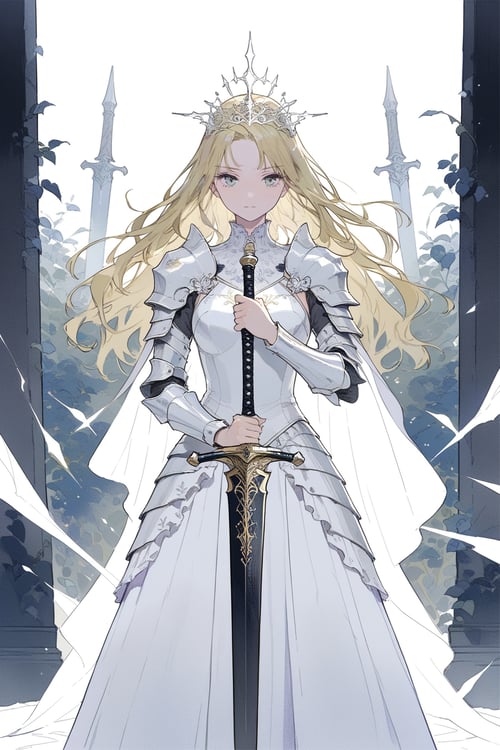 1girl,  solo,  upper body,  knightess,  majesty,  armored dress,  standing,  (hands on hilt,  planted sword:1.3),  masterpiece,  best quality,  very aesthetic
