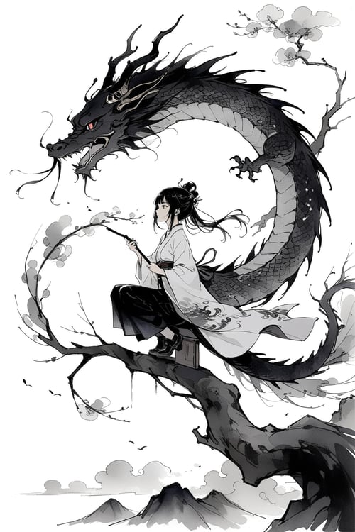 oriental dragon,  ink painting,  1girl,  masterpiece,  best quality,  aesthetic