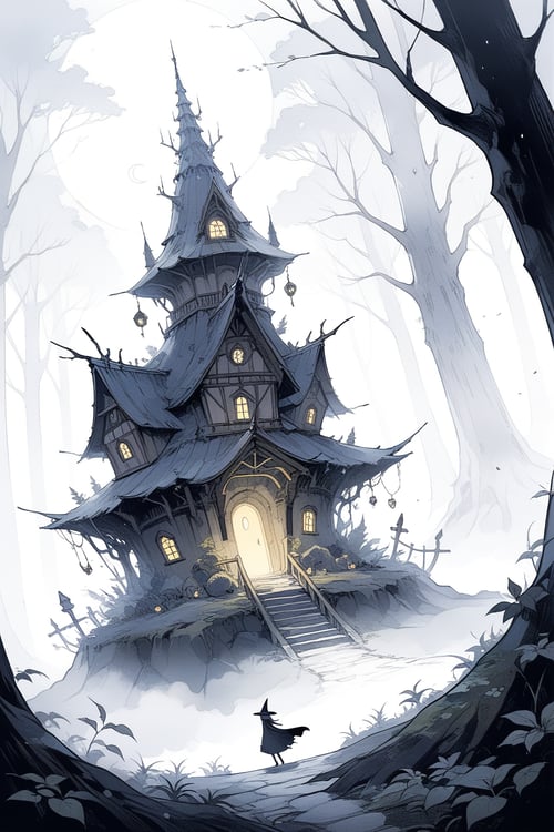 concept art,  detailed background,  no humans,  2d,  illustration,  Fantastic scenery,  magnificent and majestic nature,  (Gigantic structures:1.2),  BREAK in a misty forest,  fog,  Witch House,  moon,  hollow knight,  masterpiece,  best quality,  aesthetic