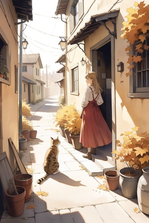 1girl,photographic realism,plains, Changing Season,Alley Cat,door,
masterpiece, best quality, aesthetic,