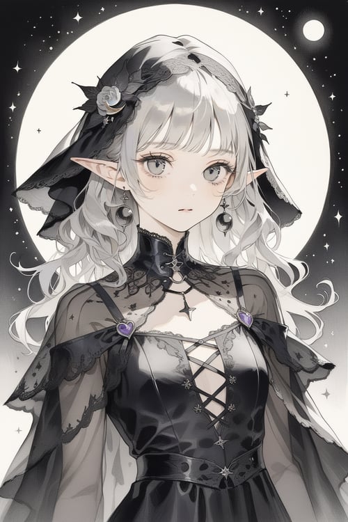 gray hair,  black witch clothes,  moon earrings,  gray eyes,  dark circles,  sleepy,  dream witch,  pointy ears,  elf,  medium hair,  veil,  masterpiece,  best quality,  aesthetic,  realistic,  photorealistic,  raw photo