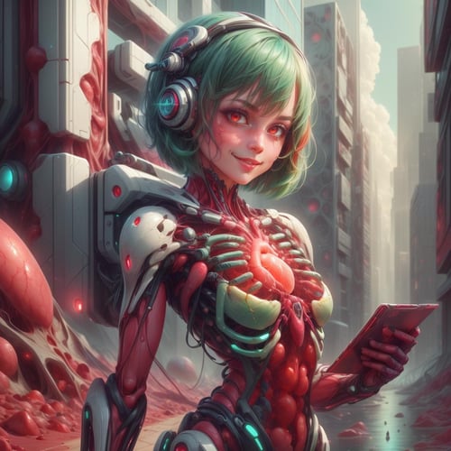 <lora:add_detail:0.8>,  <lora:VascularTech-20:0.85>, VascularTech, scifi, inner glow, bones , closeup, small breasts, seductive smile, best quality, bob cut, red eyes, green hair,multicolored hair, aqua hair, 1girl, standing in a scifi city, holding a tablet