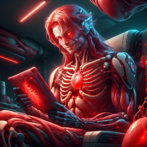 <lora:add_detail:0.8>,  <lora:VascularTech-20:0.85>, VascularTech, scifi, inner glow, bones , scholar , scroll, 1boy,long hair, red hair, glowing eyes, smile ,closed mouth, multicolored hair, holding a tablet